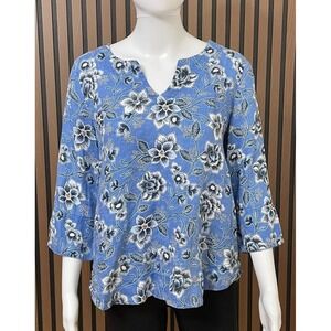 J. Jill Love Linen Women's XS Blue Tunic Floral Summer Boho Casual Top 3/4